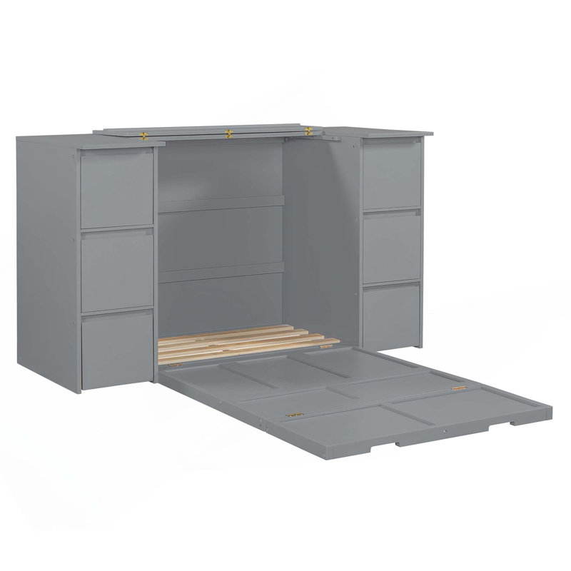 Murphy Bed With Drawers, Cabinets And USB Ports, Grey, Twin