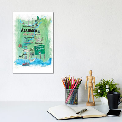 USA, Alabama Illustrated Travel Poster 1 Piece Wrapped Canvas Wall Art