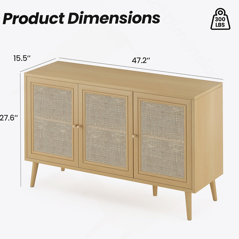 Buffet buffet avec 3 portes en rotin, console de rangement pour l'intérieur, Naturel
