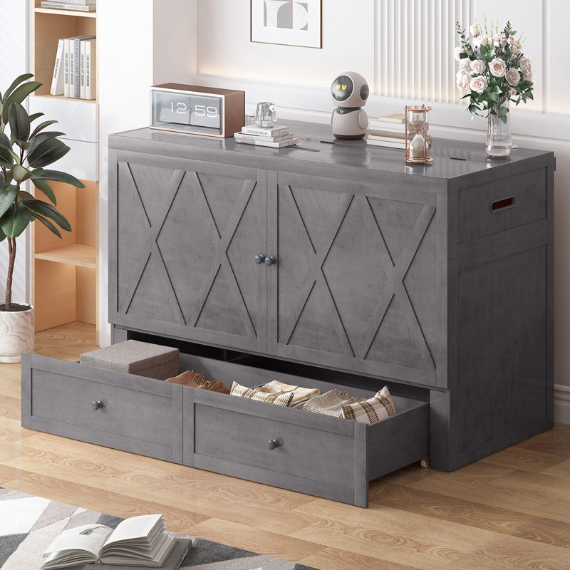Queen Murphy Bed Cabinet With Charging Station, 1200lbs Capacity, Extra Storage & Usb Ports( Mattress Included), Gray
