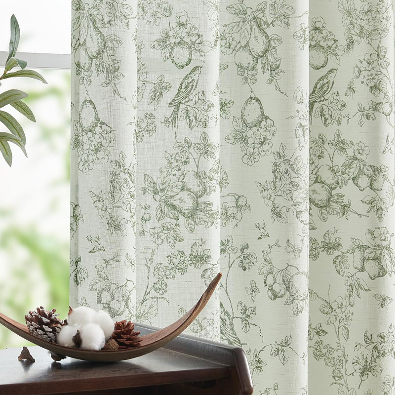 Linen Blend Farmhouse Floral Curtains Semi Sheer French Country Curtain Panels, Sage Green, 50" W x 84" L