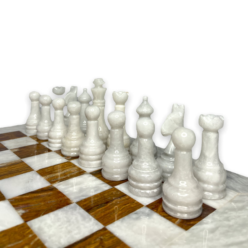 14" Handmade Marble Chess Set - Large Size Luxury Marble Chess Set With Elegant Gift, Brown/White