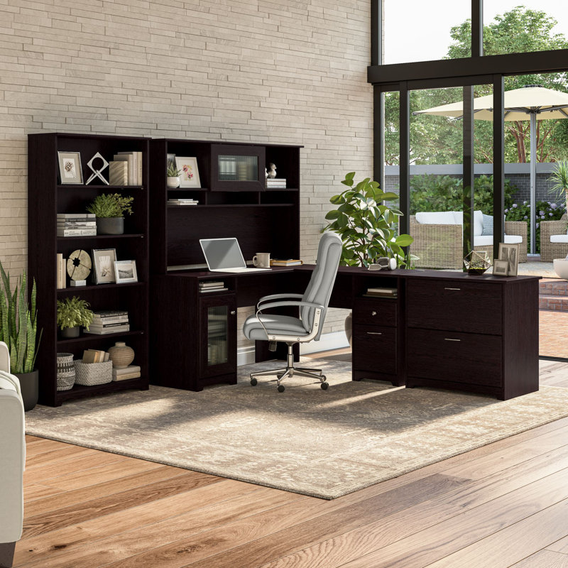 Shelonda 4 Piece Computer Desk Office Set, Espresso Oak