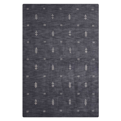 Tapis Anley en laine tissée à la main, écologique - 90 x 150 cm, rectangulaire, couleur blanc anthracite, design moderne et contemporain, tapis épais à poils longs antidérapants faits main pour salon et chambre.