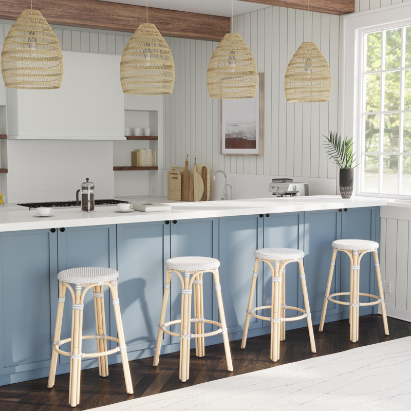 Alastair 30" Rattan Bar Stool - White/Gray Dot / Natural Rattan Frame, Bar Stool (30" Seat Height)