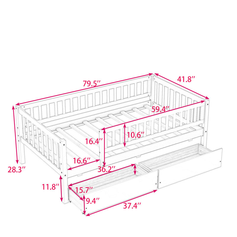 Fairbury Two Drawers Wooden Daybed, Gray, Twin
