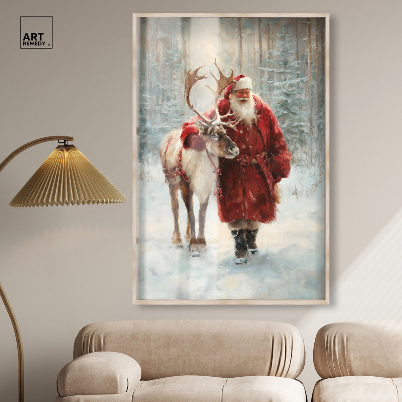 Décoration de Noël «Santa and His Reindeer Shadowbox» par Art Remedy, cadre noir, 11 x 16, H 55 po x l 37 po, Cadre blond