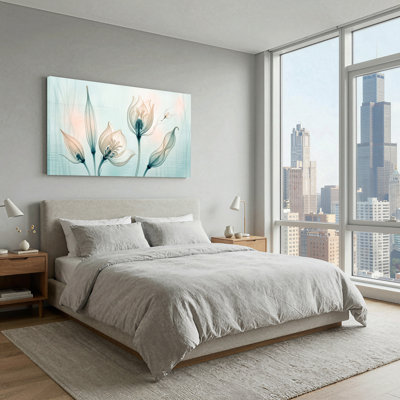 Translucent Teal and Peach Botanical Flowers Canvas Wall Art
