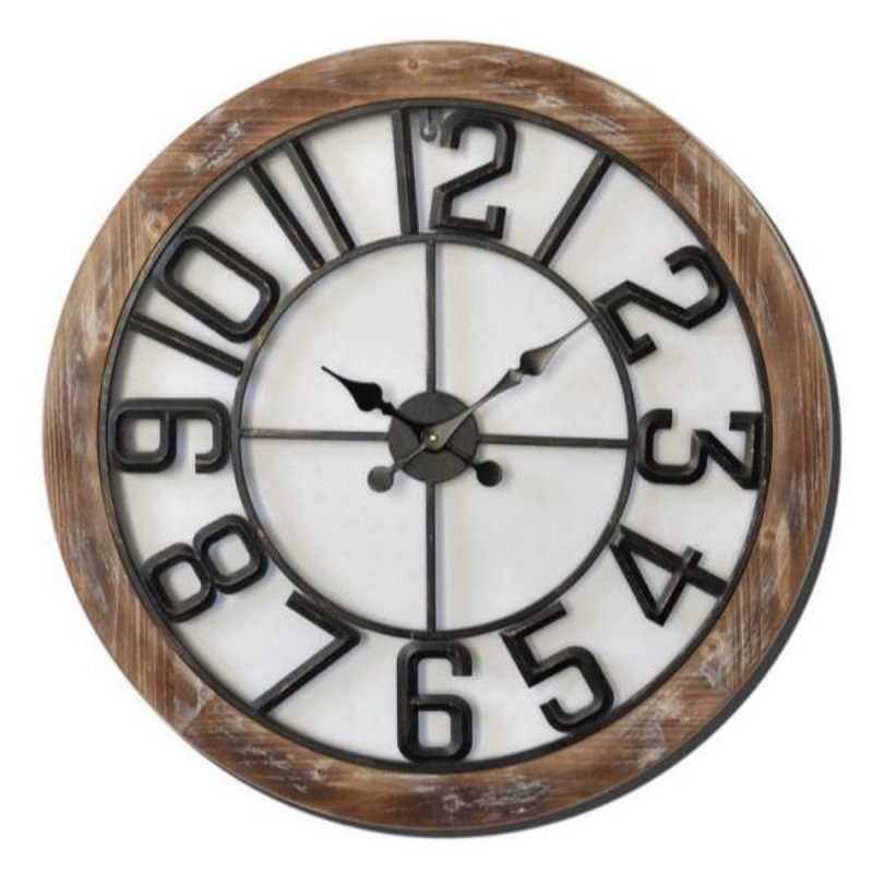 Horloge murale en bois délavé avec chiffres noirs en métal