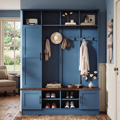 Merax farmhouse solid wood hall tree, fitted with 6 hanging hooks and integrated shoe storage bench, vintage blue finish