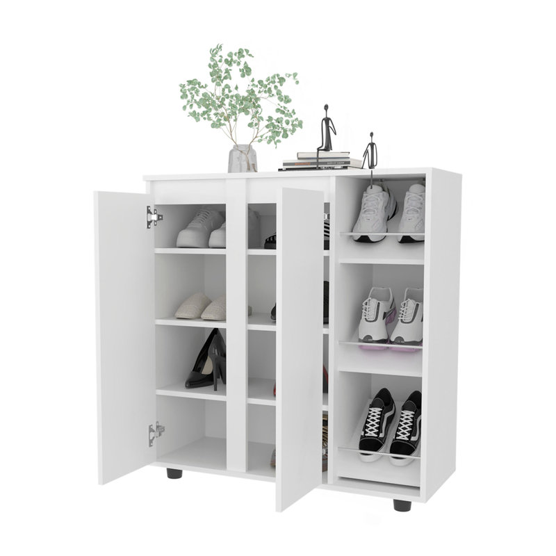 Range-chaussures Houck avec 3 tablettes latérales, rangement compact pour chaussures, bottes et accessoires, Blanc