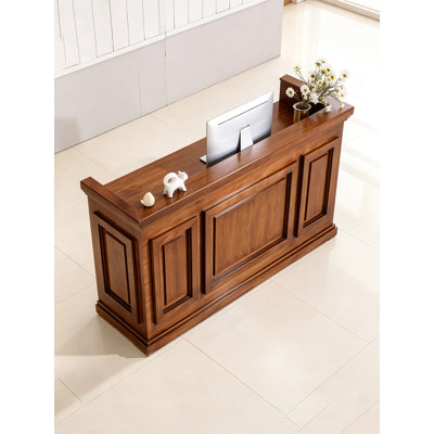 Transitional Vintage Solid Wood Checkout Counter, Sturdy Enclosed Cabinet Reception Table For Salon Entry Work Area