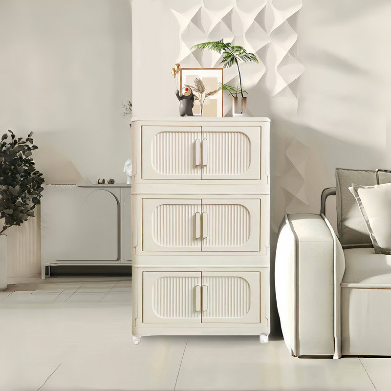 Armoire de rangement pliante latérale crème blanche 19,69 po, 3 niveaux, 19,69 po x 11,81 po x 31,1 po, bacs de rangement pliables avec porte magnétique, armoire de rangement en plastique avec roues