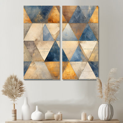 Mosaïque de triangles beiges et bleus - art mural moderne 2 pièces