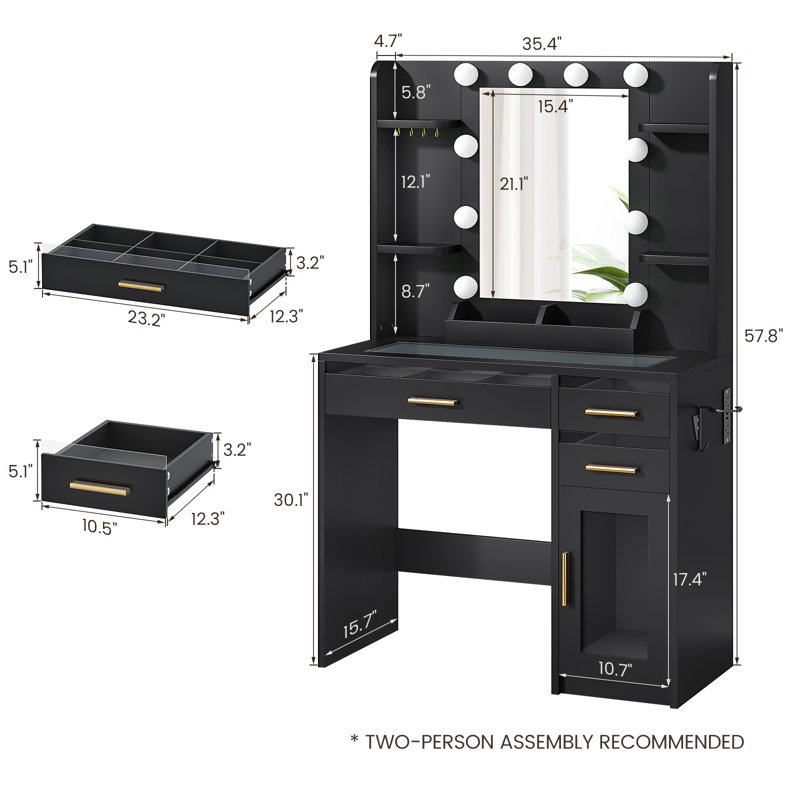 Coiffeuse de 90 cm avec éclairage DEL réglable, poste de recharge et plateau transparent, Noir