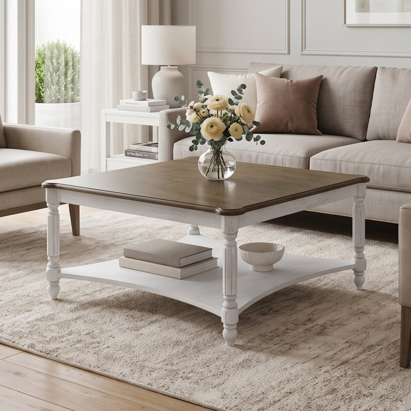 Locke Solid Wood Square Coffee Table, Antique Oak/Antique White
