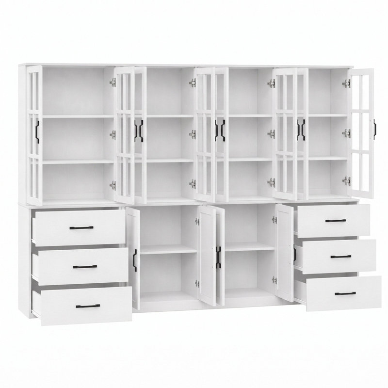  71" H X 94.4" W Bookcase Cabinet With Glass Doors And Large Storage Drawers(2C+2D), White