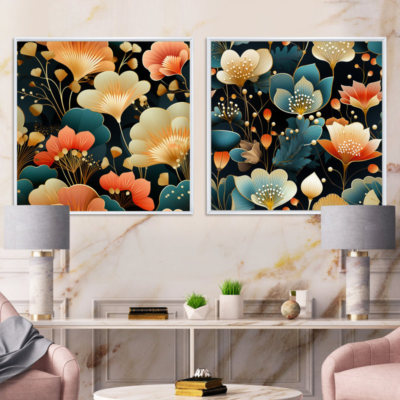 Elora - Ensemble de 2 collages carrés botaniques abstraits, Cadre flottant blanc, H 30 po x l 61 po