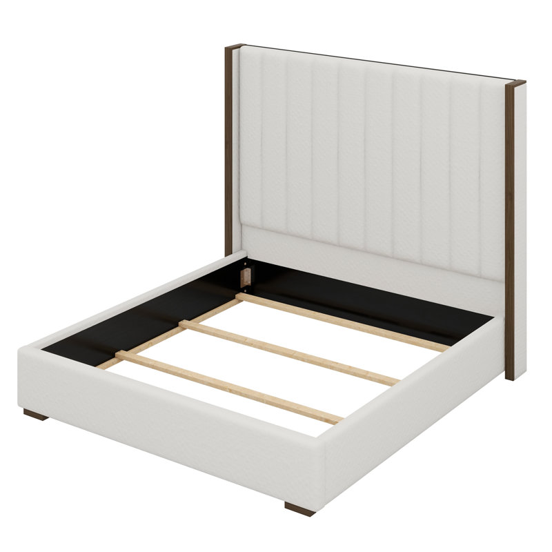 Tall Headboard Upholstered Bed With Vertical Striped And Wingback Design