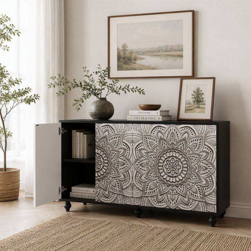 Buffet mandala en relief 3D, dosseret de style champêtre à 4 portes avec portes à ouverture par pression, meuble de rangement réglable avec pieds en bois tourné