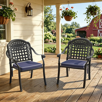 Chaise de patio en fonte d'aluminium (ensemble de 2) avec structure noire et coussins bleus
