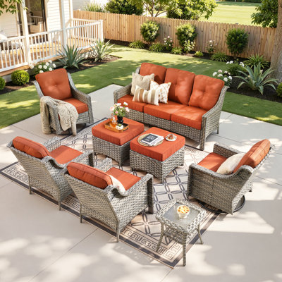 Tommy Outdoor Wicker 9 Person Seating Group With Cushions With Swivel Rocking Chairs And Side Table