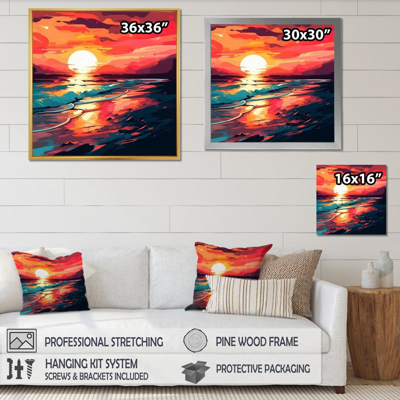 Coucher de soleil sur la plage, couleurs rétro expressives I sur toile, H 16 po x l 16 po x P 1 po, Cadre simple blanc