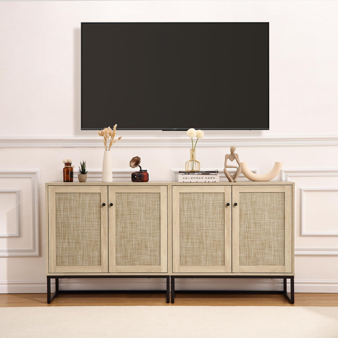 2PCS Rattan Accent Storage Cabinet with Adjustable Shelves, Bohemian Sideboard Buffet for Living Room Kitchen Entryway Hallway