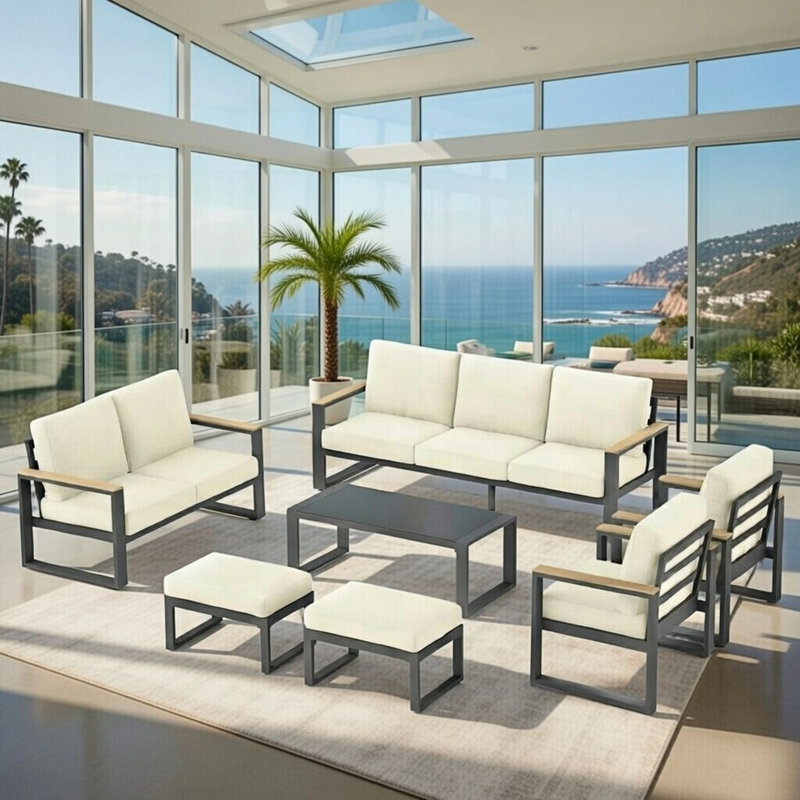 Ensemble de meubles de patio 7 pièces en aluminium, canapé de conversation 9 places avec table en verre et repose-pieds