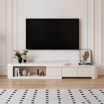Modern 70.86"–122" Extendable Solid Wood TV Stand – White Media Console with Faux Marble Top, 3 Drawers, No Assembly Required