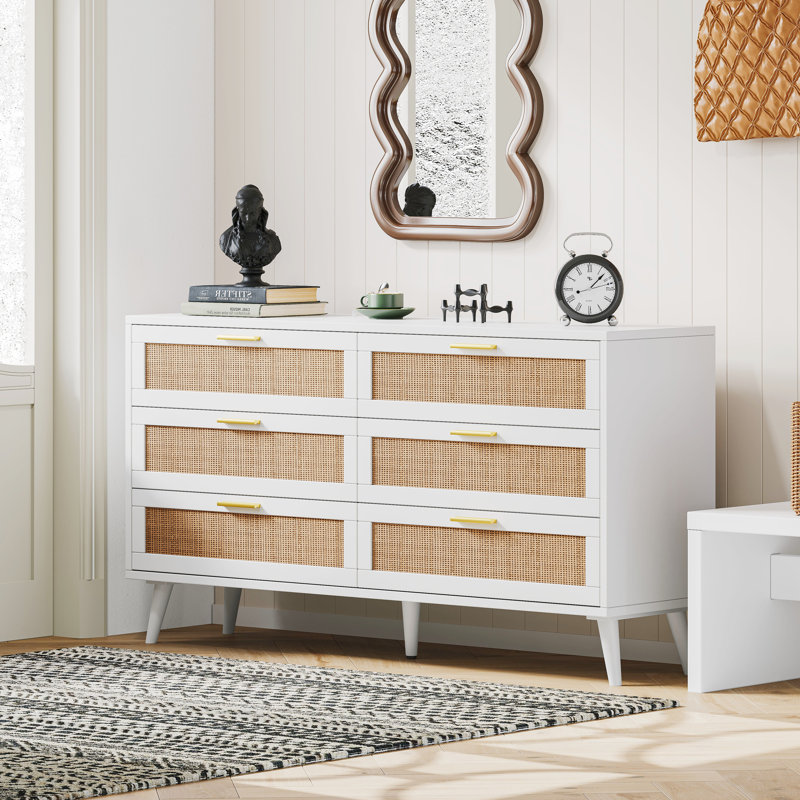 White and Natural Double Dresser with Rattan Drawers