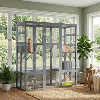 70" Catio Outdoor Cat Enclosure, Large Outdoor Cat Enclosures with 7 Platforms, 2 Resting Room, Cat Playpen with Waterproof, UV Protection Roof