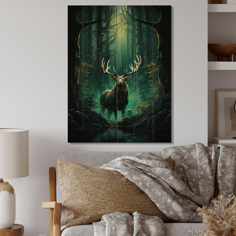 Orignal vert sarcelle, forêt enchantée II sur bois, H 20 po x l 10 po x P 0,78 po