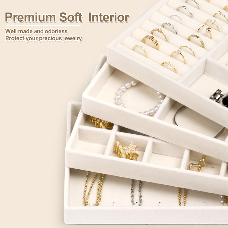4 Jewellery Organizer Drawer Insert, Stackable Velvet Jewellery Tray Organizer Display Case Storage Containers(Beige)