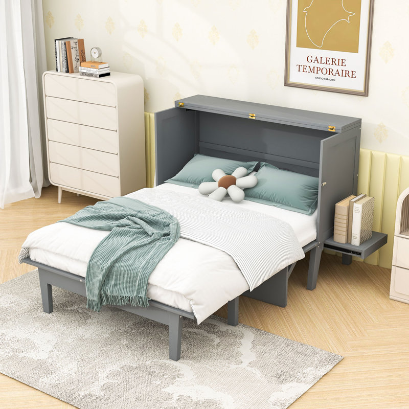 Lit escamotable en bois avec port USB et double bureau, Gris, Grand lit