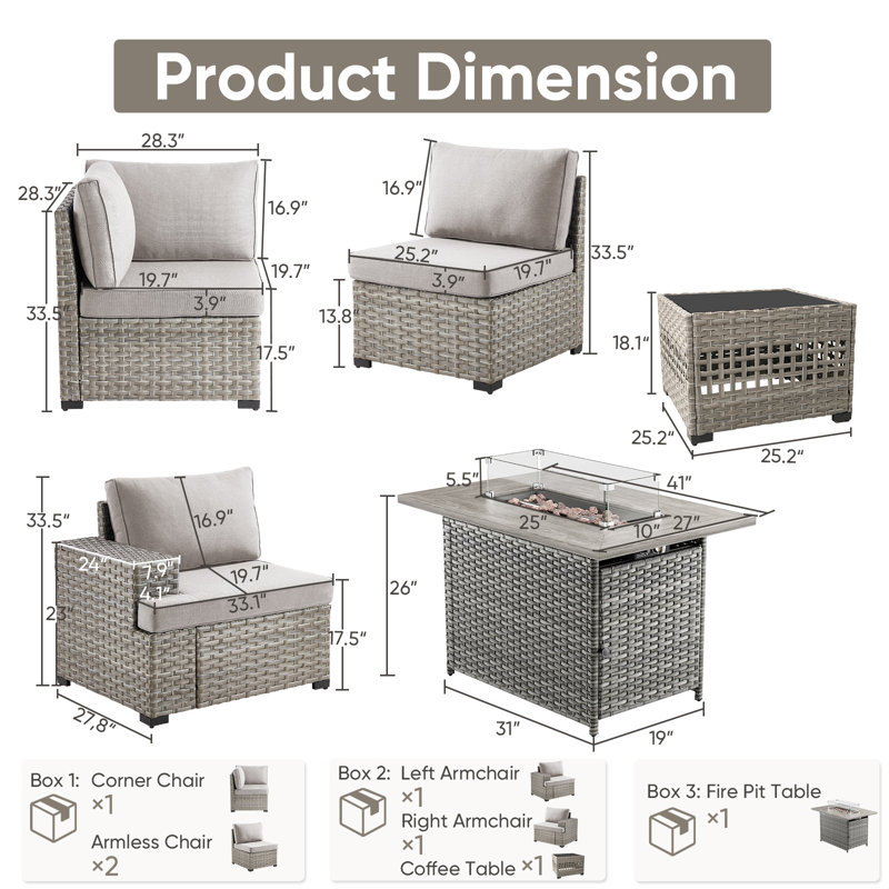 Clute Arnoltice 5 - Person Outdoor Wicker Rattan Patio Sofa Seating Group With Fire Pit, Armless Chairs And Side Table, Beige