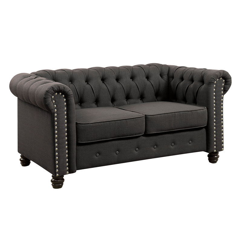 Causeuse Chesterfield à accoudoirs roulés 60 po Cathirine, Polyester gris