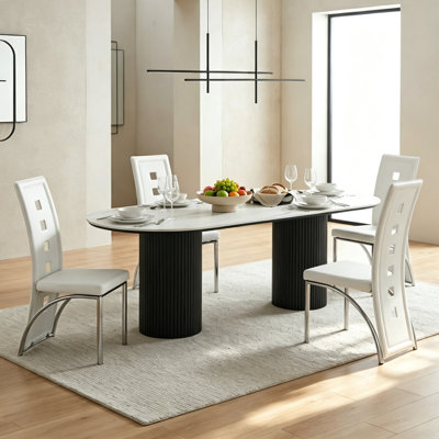Modern Faux Leather Upholstered Dining Chair with Curved Metal Legs & Cut-out Back (Set of 4)