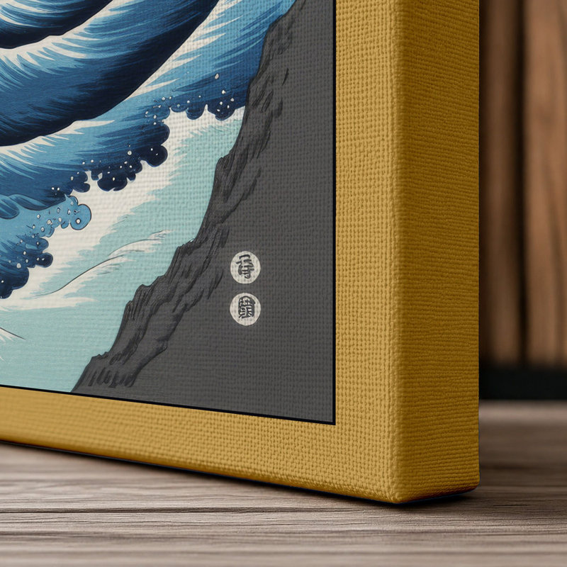Great Wave at Twilight Japandi - Wrapped Canvas, 36x24 - 91.4 x 61.0 cm, Ochre Border
