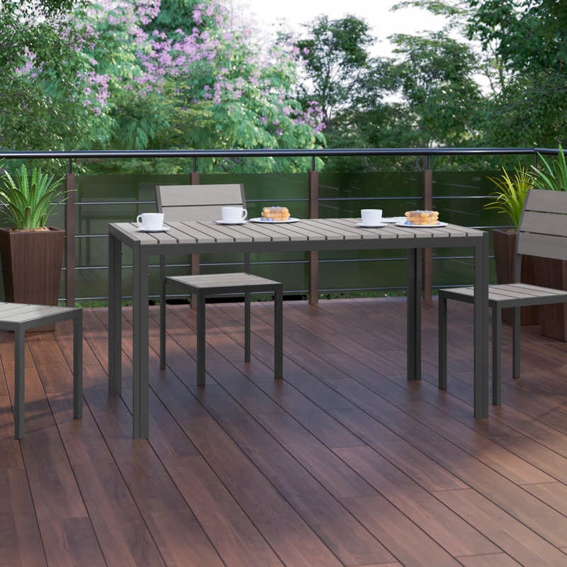 Sharondale Commercial Grade 55" x 31" Outdoor Dining Table with Faux Teak Poly Slats and Metal Frame, Gray