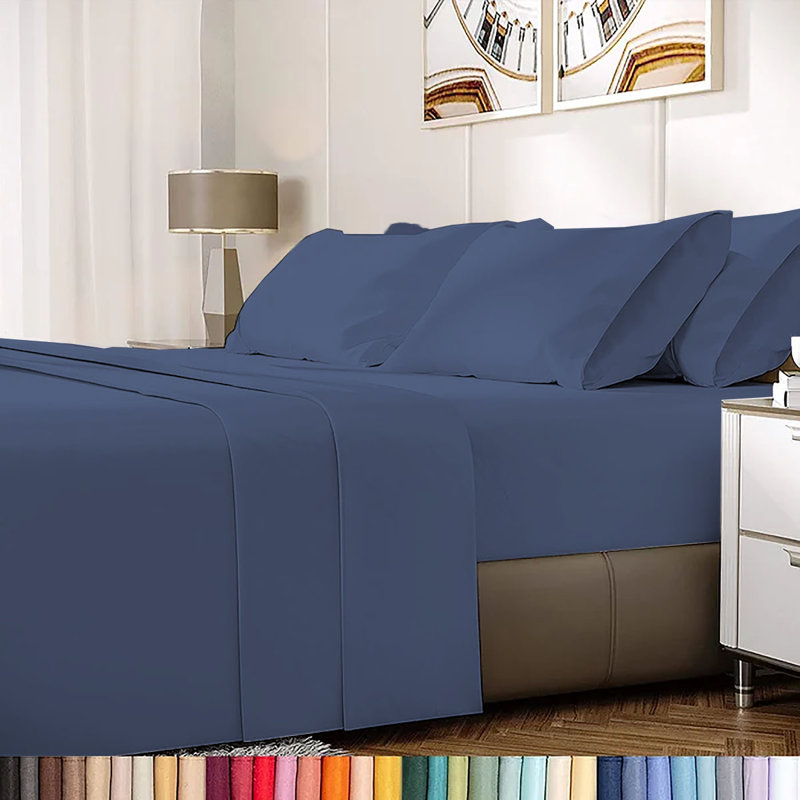 Ensemble de draps en rayonne de bambou 6 pièces , Ensemble de draps pour lit double + 1 drap-housse , Oxford Blue