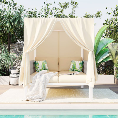 Chaise longue d'extérieur avec rideaux - matériaux de qualité, sièges relaxants, H 70,9 po x l 57,5 po, tissage à la corde, coussins confortables, conception polyvalente