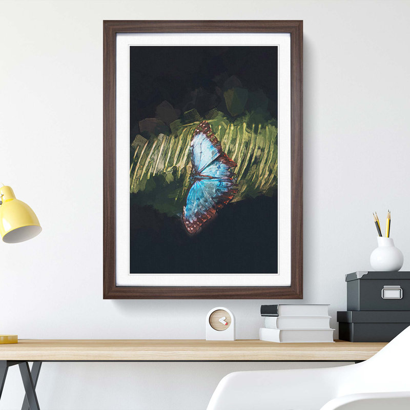 Blue Butterfly in Abstract - Picture Frame Graphic Art Print, 36cm H x 27cm W x 2cm D, Walnut Framed