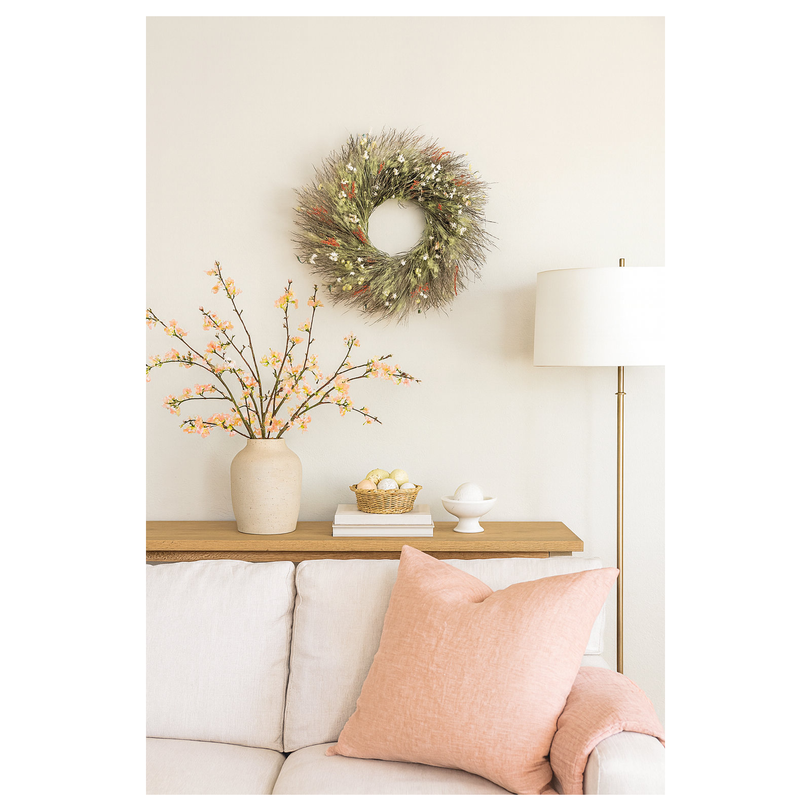Chou Dried Flower Twigs, Green Wheat, Artemisia, Ammobium, and Coral Statice Wildflowers Wreath, 22" H x 22" W x 5" D
