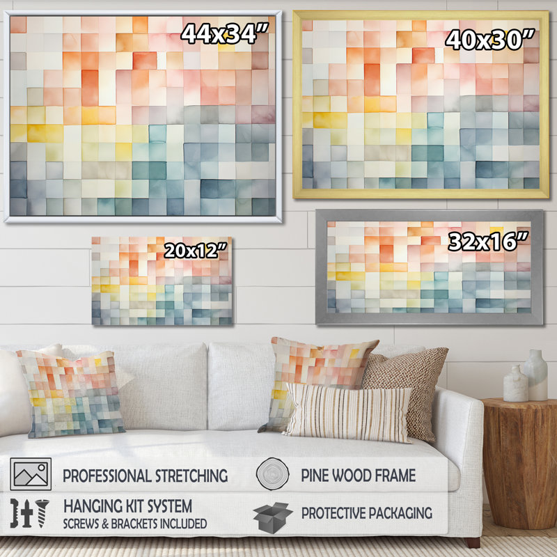 Motif de cubes multicolores II - art mural géométrique, H 16 po x l 32 po x P 1 po, Cadre flottant noir