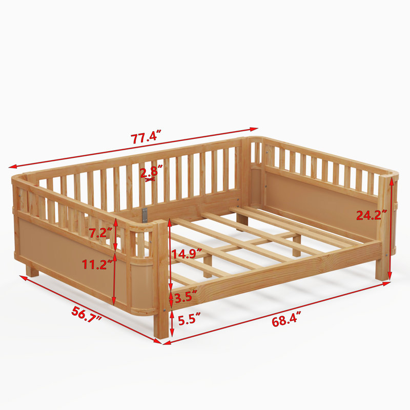 Lit plateforme en bois avec rails de sécurité, structure de lit pour tout-petit à profil bas, lit pour enfants, Naturel