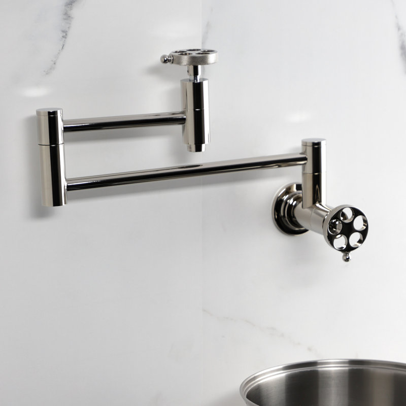 Kingston Brass Wendell Two-Handle 1-Hole Wall Mount Pot Filler Faucet with Knurled Handle, Polished Nickel