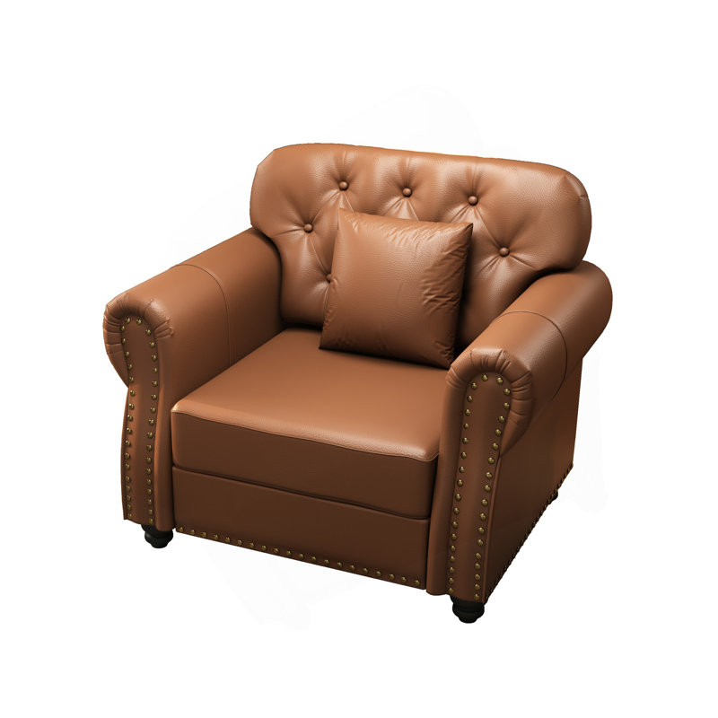 Canapé de 41,3 po rembourré en similicuir avec garniture cloutée et accoudoirs roulés, canapé Chesterfield de style Mid-Century avec capitonnage à boutons, 1 oreiller inclus, brun