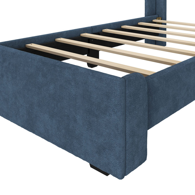 Lit à panneau tapissier en bois massif avec tête de lit rectangulaire, Bleu, Simple
