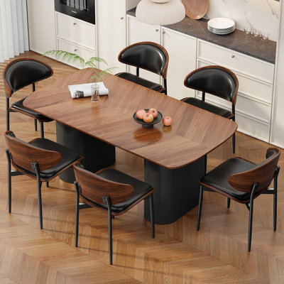 Ensemble de 6 chaises de salle à manger de style Mid-Century moderne, sièges rembourrés en similicuir noir avec dossier en bois de noyer, chaises de cuisine ergonomiques pour la salle à manger, le coin-repas ou le bureau